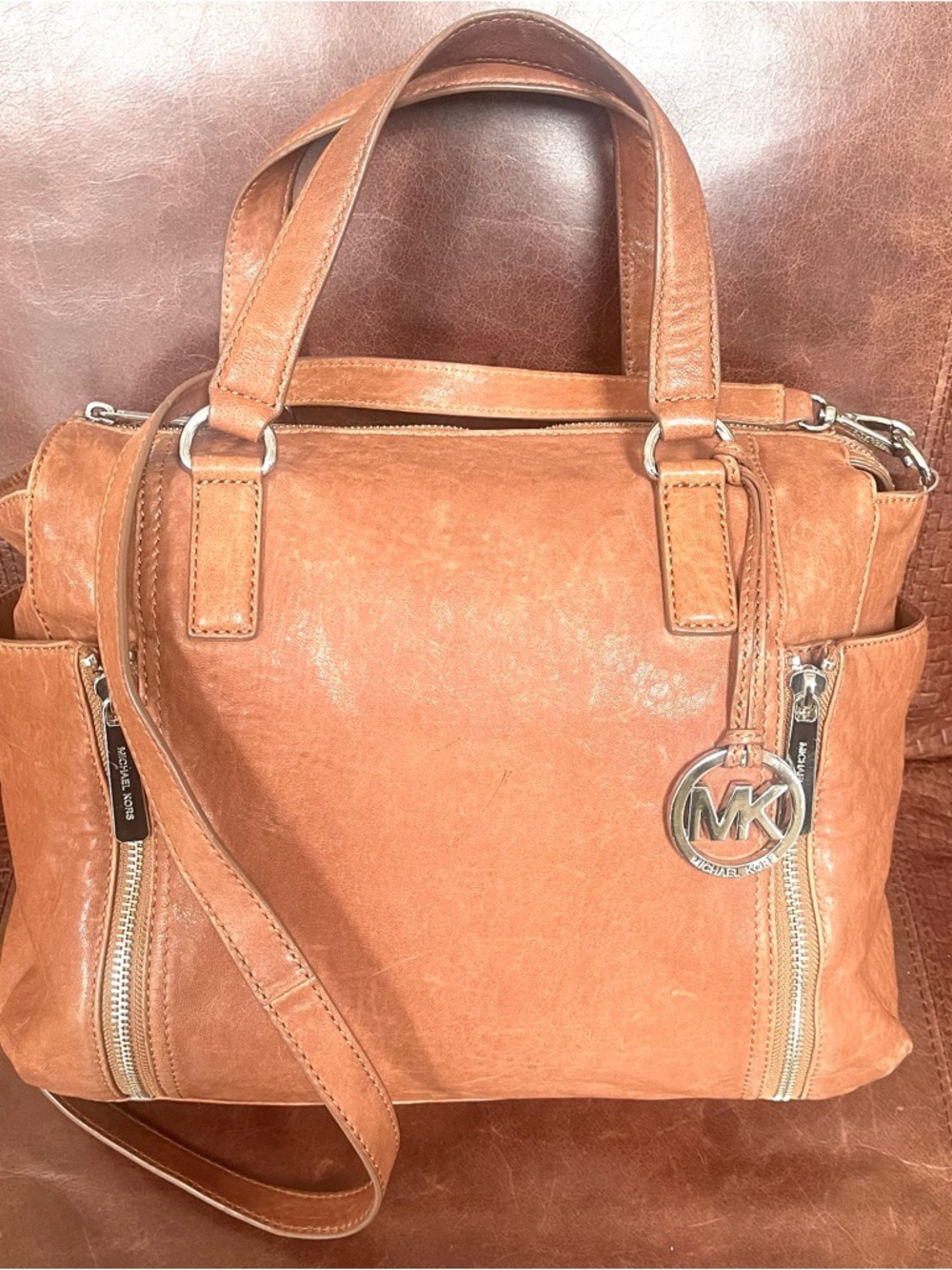 Michael Kors Genuine Leather Convertible Crossbody & Satchel Bag In Cognac Color